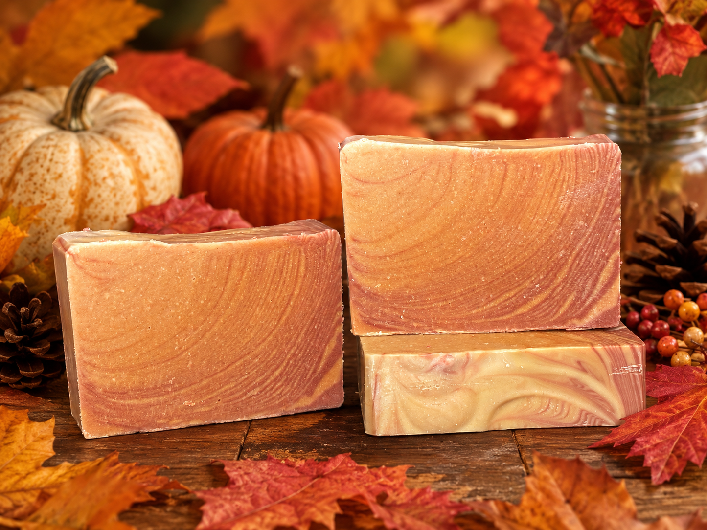 Three rectangular handmade soap bars with a marbled autumn pattern in shades of orange, peach, and cream, arranged on a rustic wooden surface surrounded by fall leaves, pumpkins, pinecones, and berries.