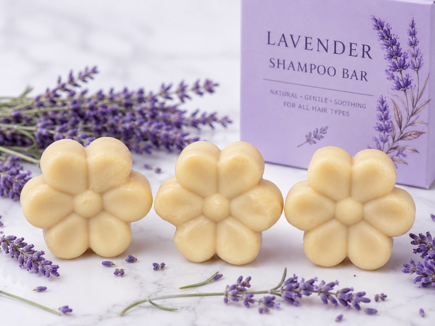 Three flower-shaped lavender shampoo bars with a box labeled 'Lavender Shampoo Bar' on a white background with lavender flowers.