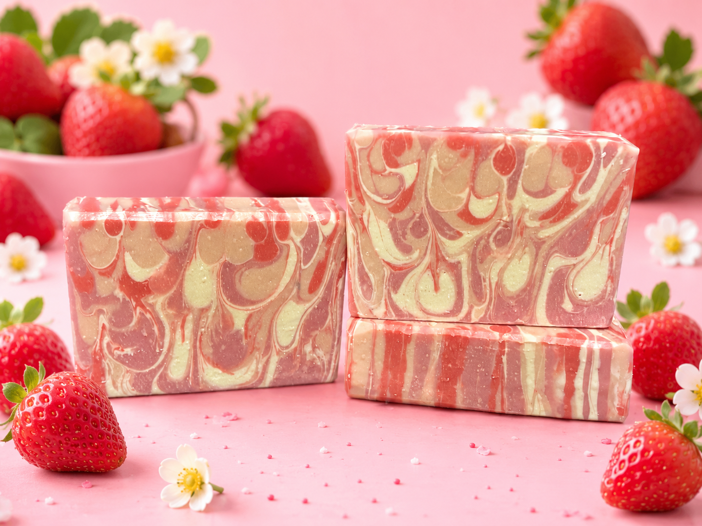 Marbled red and beige soap bars with strawberries and flowers on a pink background