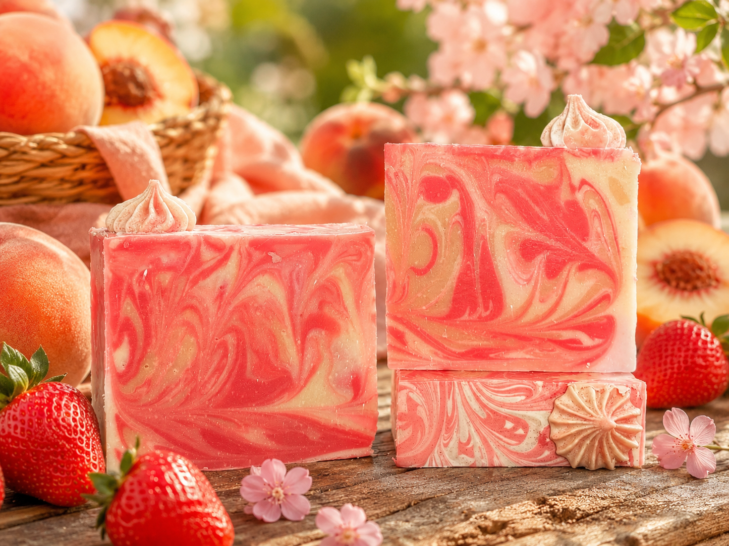 Three skilled sips with a strawberry and peach background.