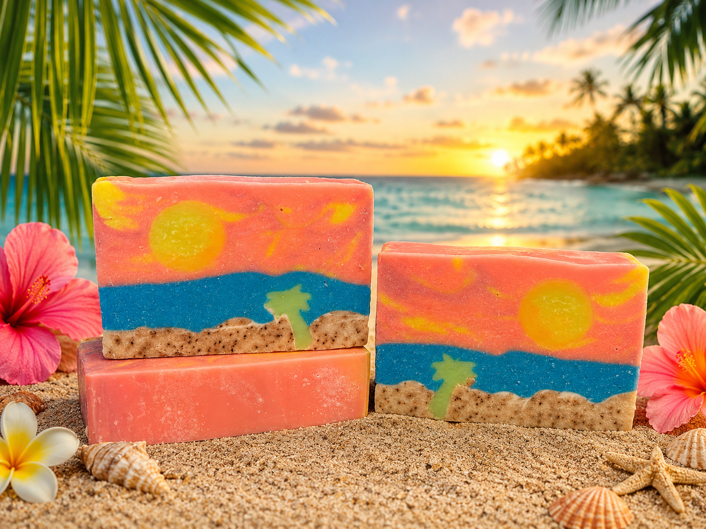 3 bars of soap with a beach scene