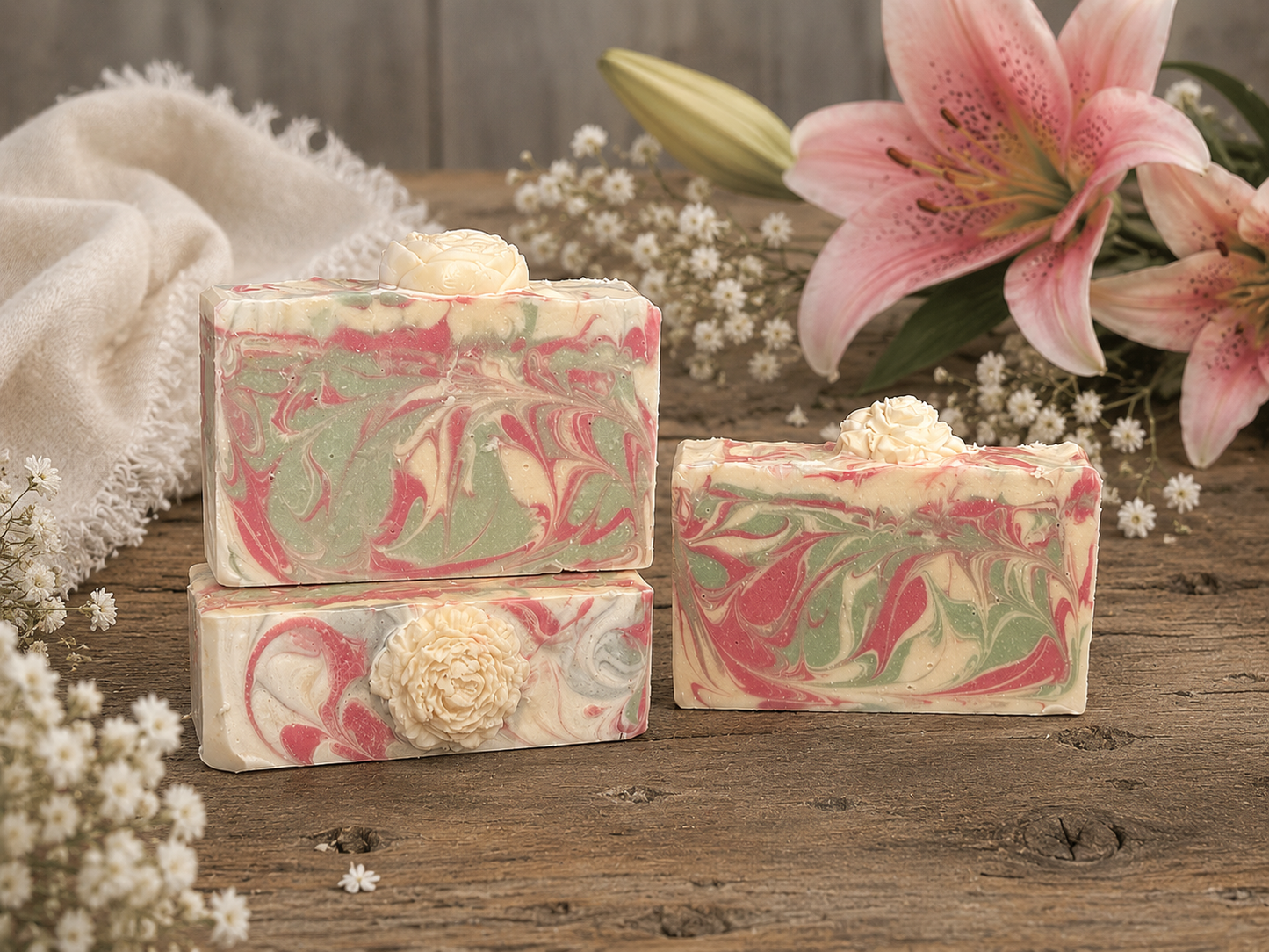 Three decorative handmade soap bars with pink, green, and cream swirls are arranged on a rustic wooden surface with white flowers and pink lilies in the background.
