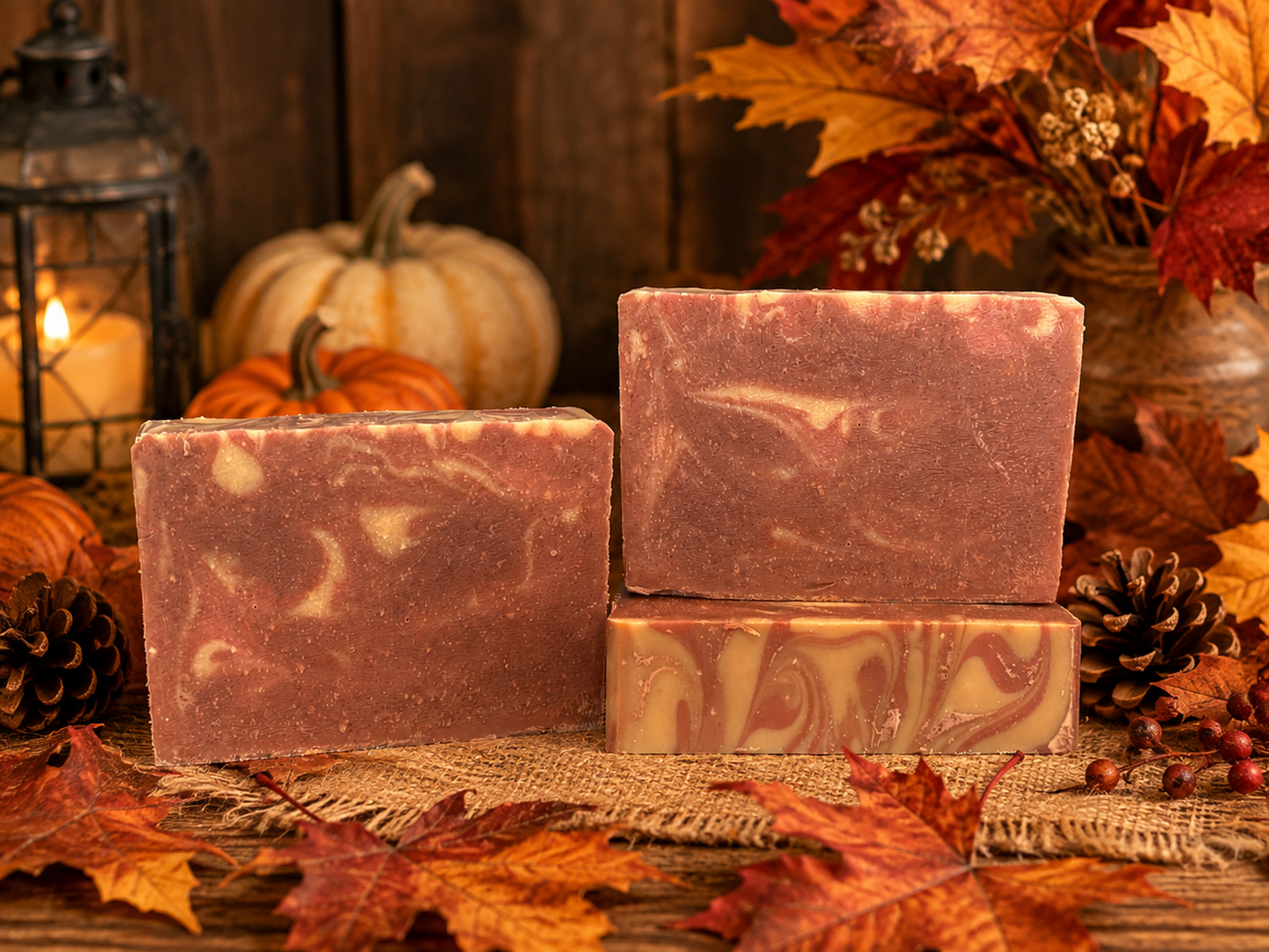 Three artisanal soap bars with a marbled autumn pattern in shades of dusty rose, terracotta, and cream, styled on burlap with fall leaves, pinecones, pumpkins, and a lantern.