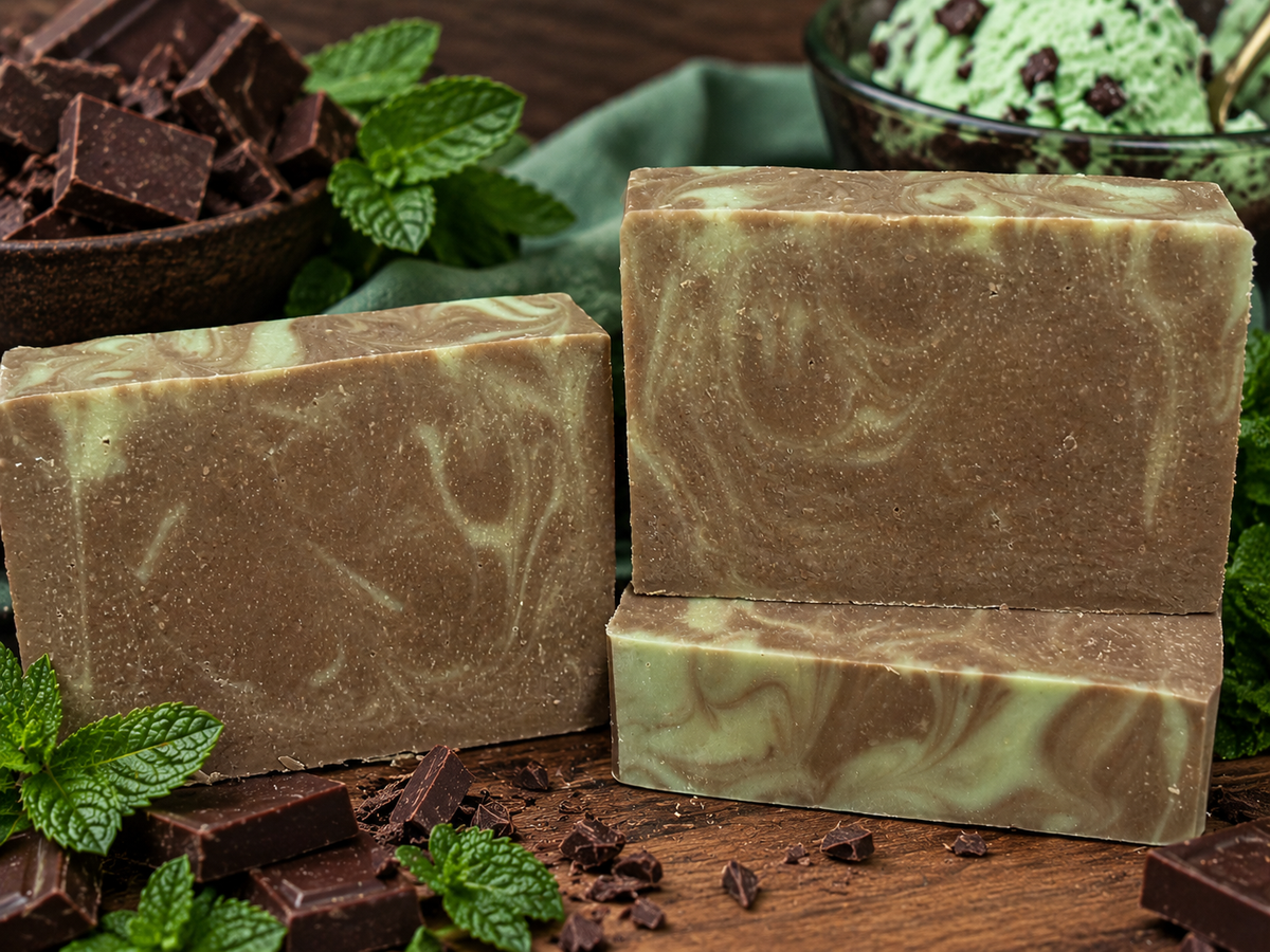 Three rectangular artisan soap bars with a brown and mint green marbled swirl pattern, styled on a rustic wooden surface with chocolate chunks, fresh mint leaves, and a bowl of mint chocolate ice cream in the background.
