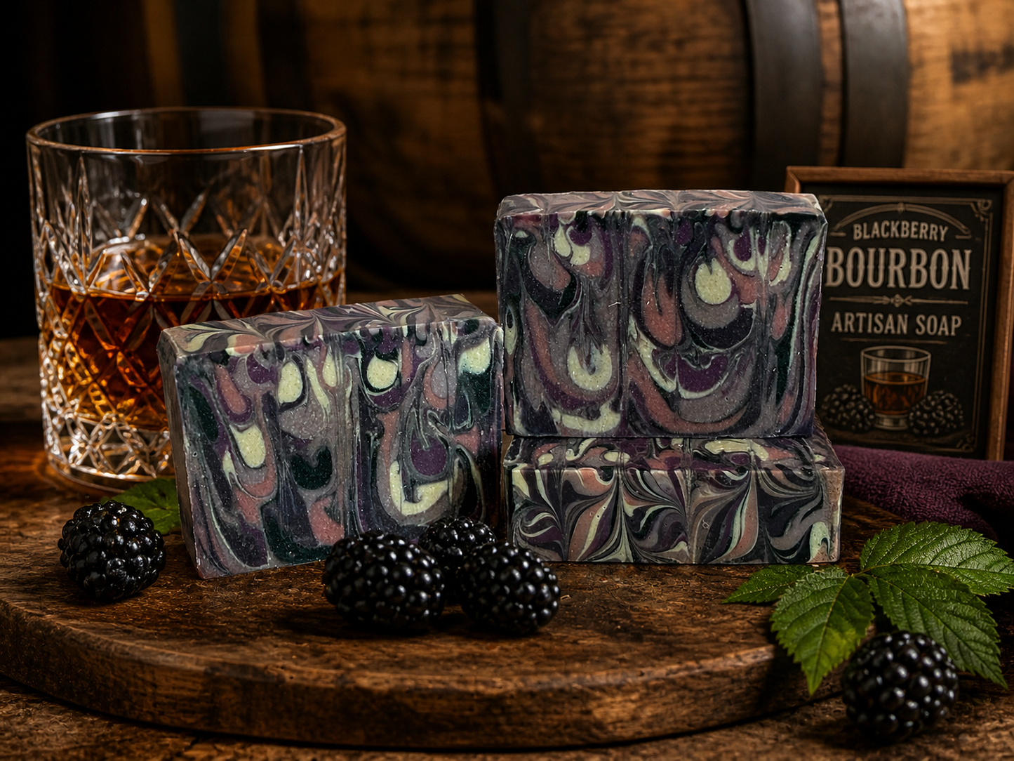 3 Swirled soaps with blackberries and bourbon on a wood surface