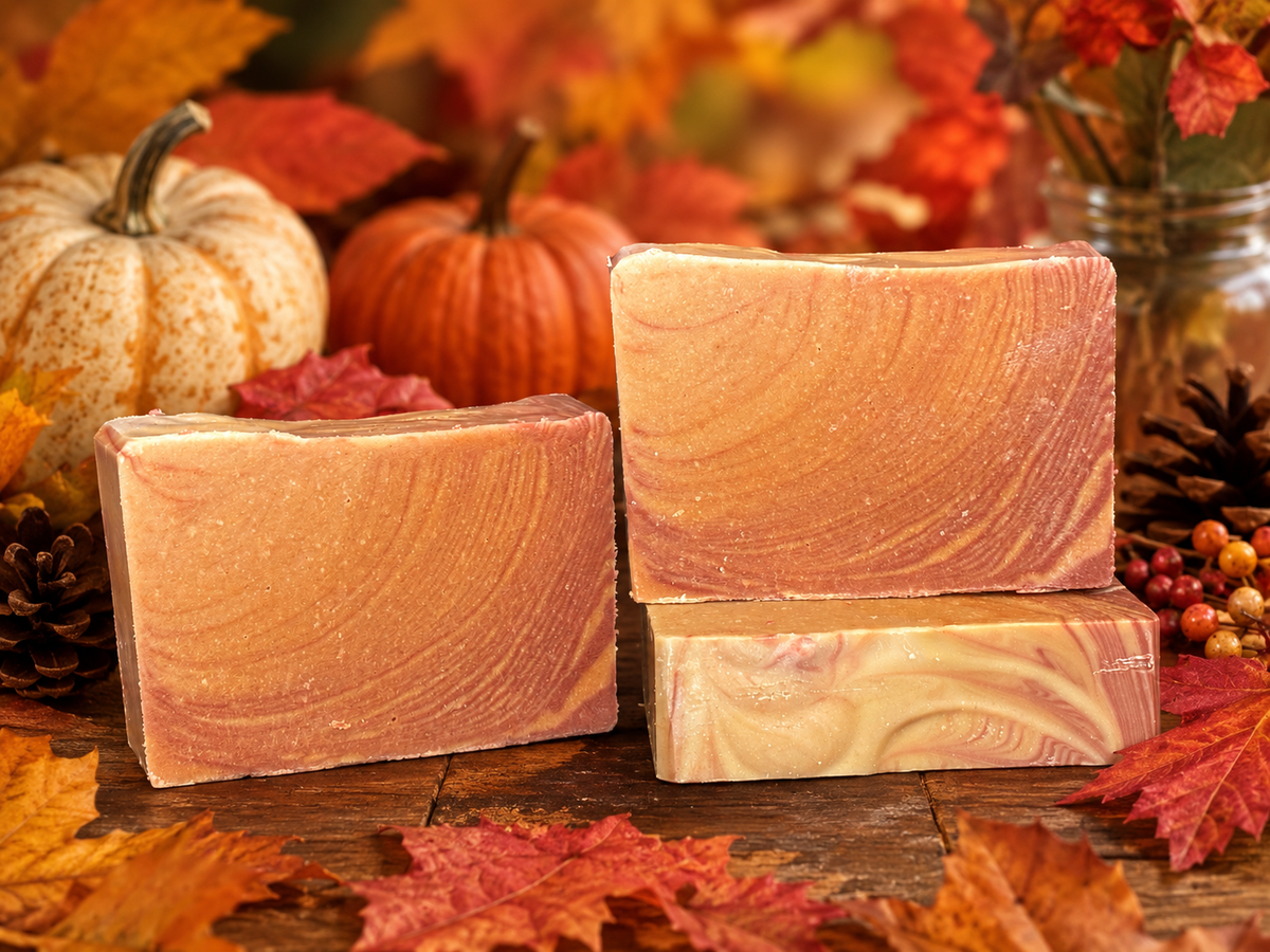 Three rectangular handmade soap bars with a marbled autumn pattern in shades of orange, peach, and cream, arranged on a rustic wooden surface surrounded by fall leaves, pumpkins, pinecones, and berries.