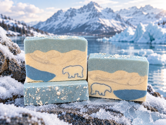 Three soaps with a polar bear at a pond with a mountain background sitting On a snow-covered piece of wood with a mountain background