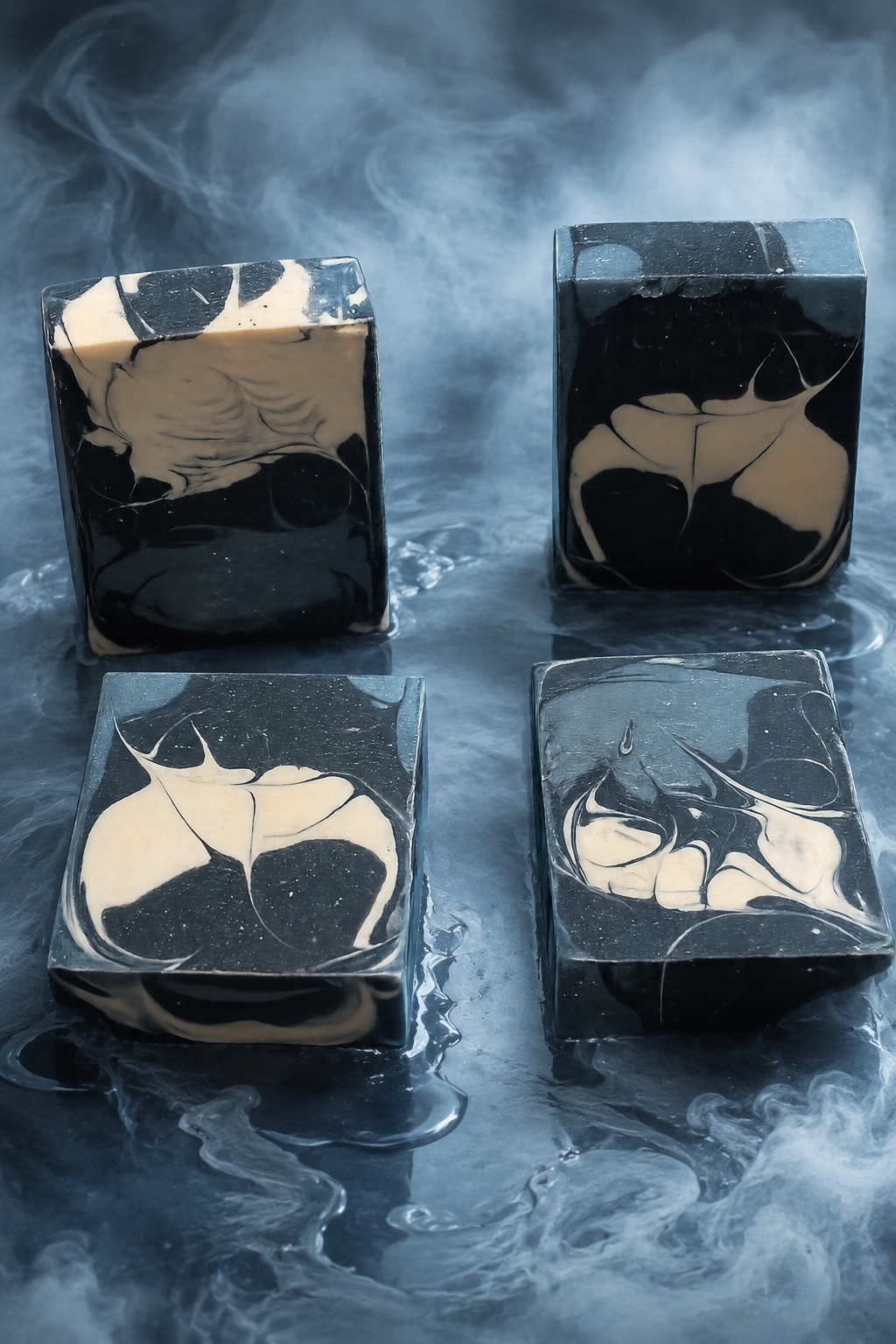 Four marbled blue, black and white soaps