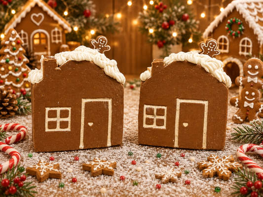 Two soaps shaped like gingerbread houses with a gingerbread man on top with a Christmas cookie background 