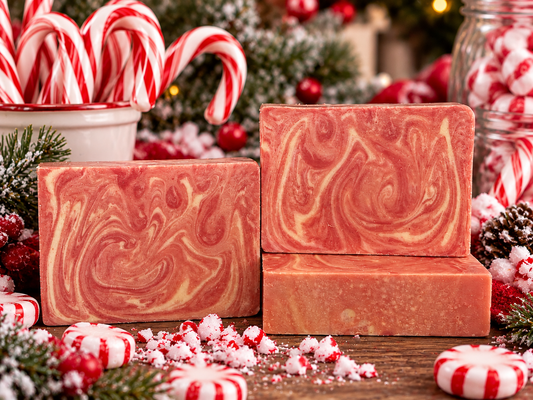 Three rectangular bars of handmade soap with a red and cream marbled pattern, styled on a wooden surface with Christmas candy canes, pine branches, and festive decorations in the background.
