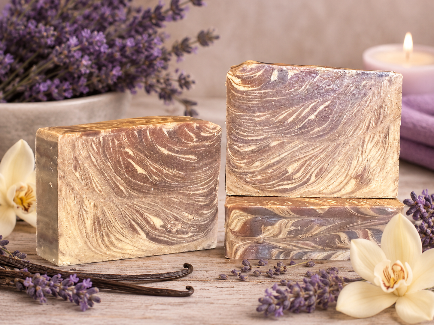 Marbled soaps on a surface with lavender and vanilla