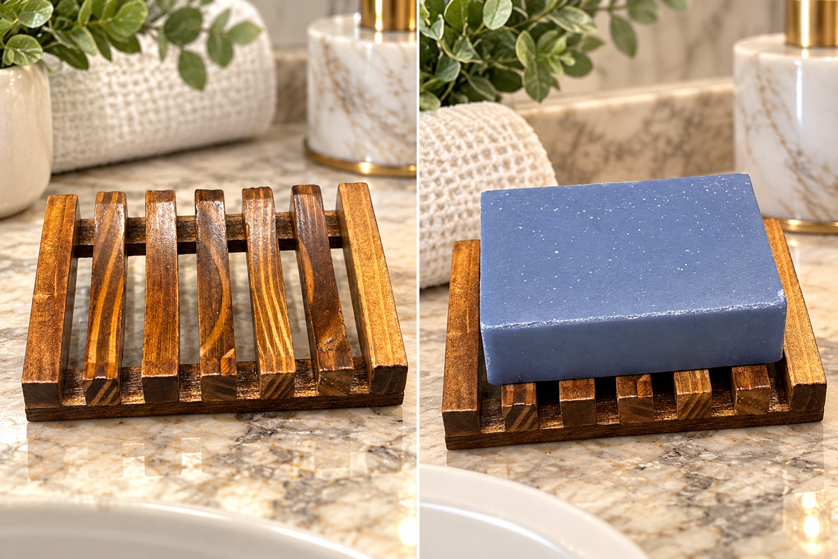 Bamboo soap dish with and without blue soap on a bathroom counter.