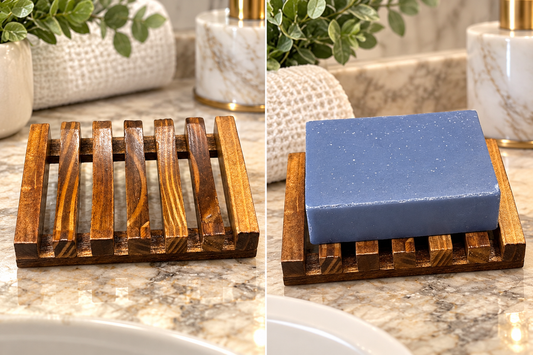 Bamboo soap dish with and without blue soap on a bathroom counter.