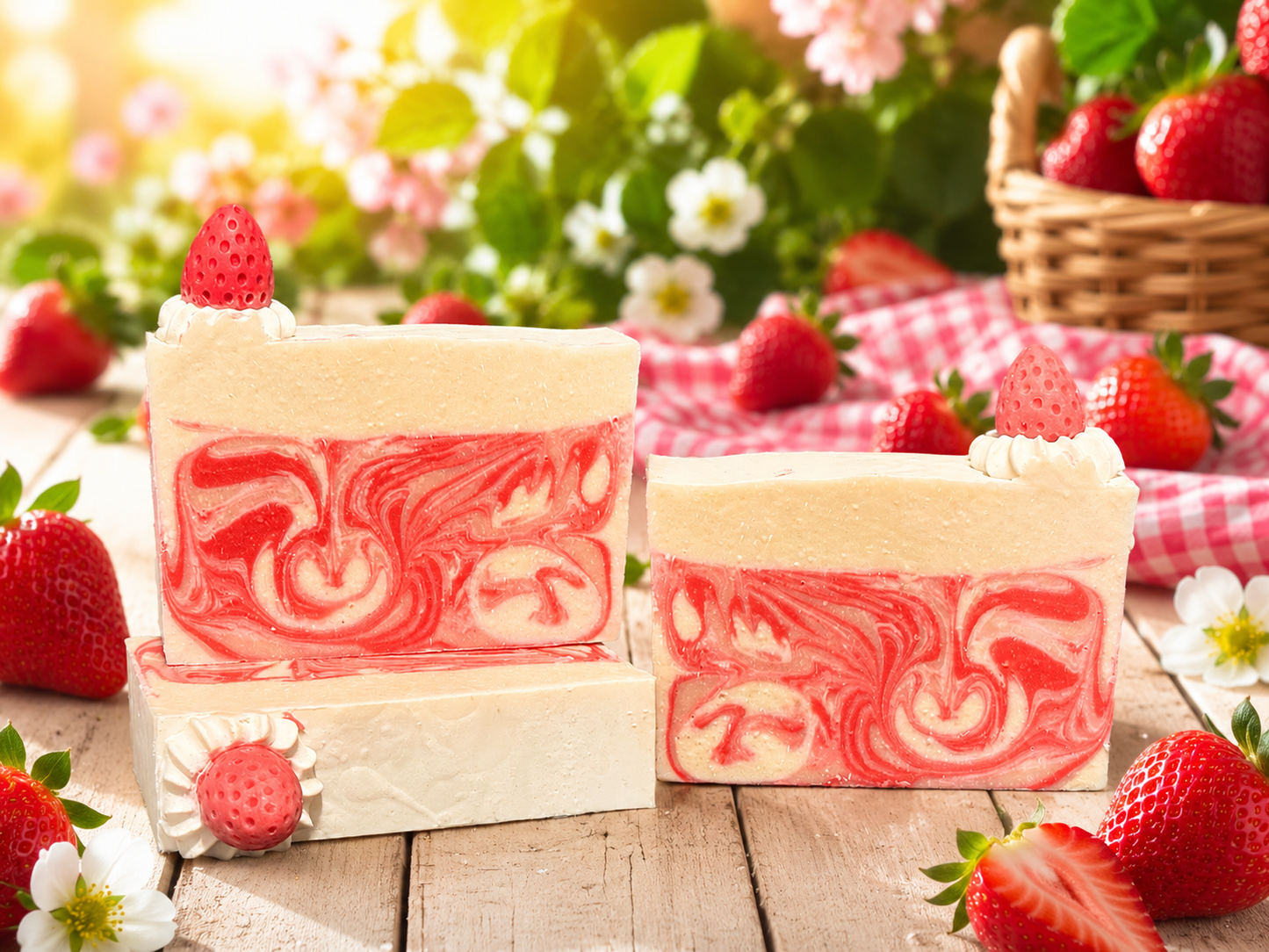 Three bars of strawberry-flavored soap on a wooden surface with strawberries and flowers in the background.
