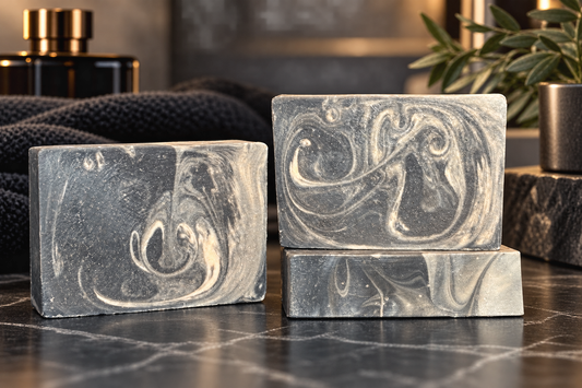 Three marbled gray and white soaps on a marbled countertop