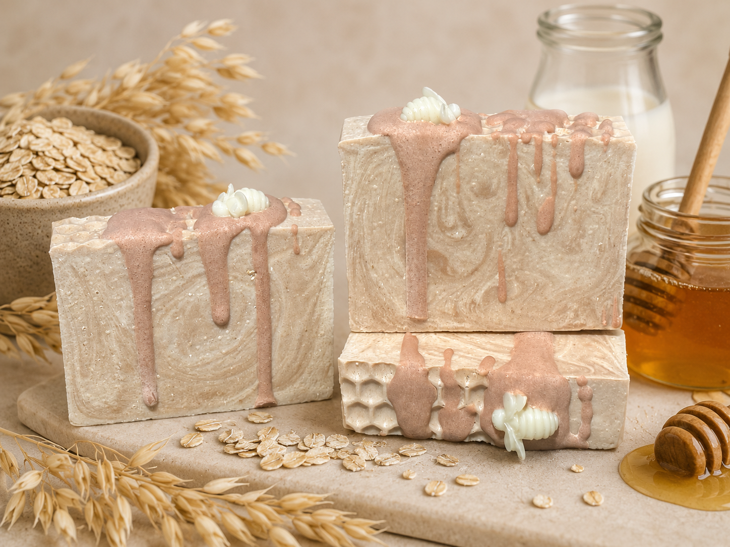 Three bars of soap with honey drizzle on a rustic background with oats and a jar of honey.