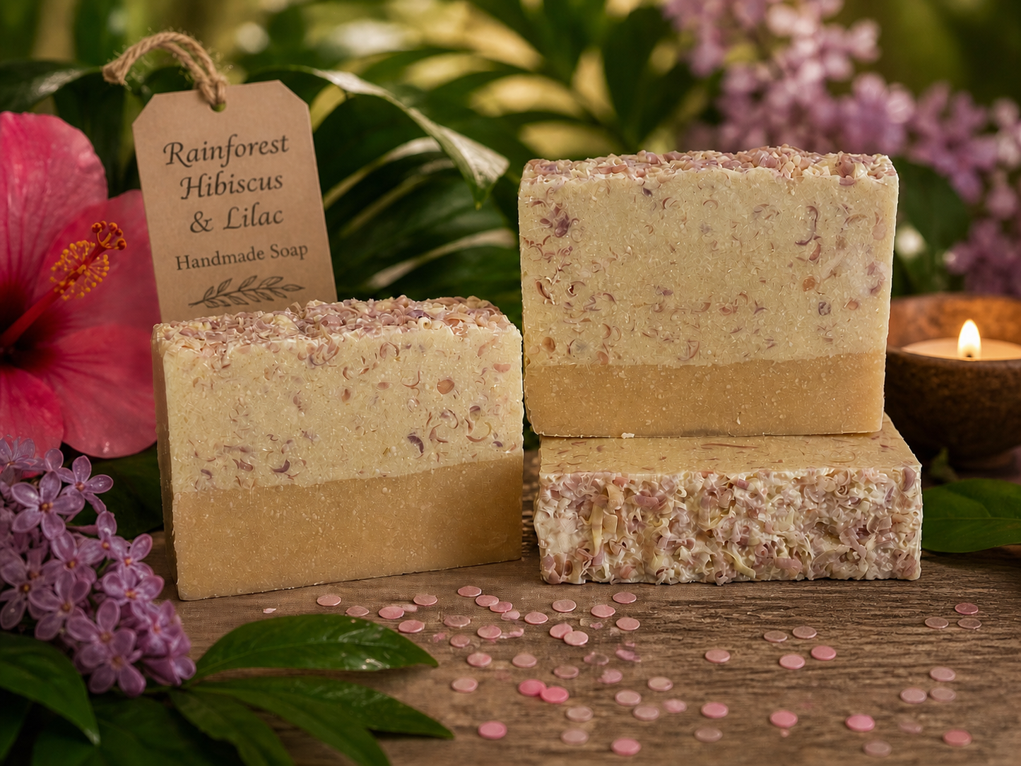 Pink and white confetti soap on a wood surface