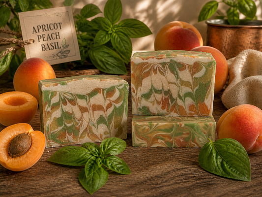 Three bars of soap with apricot, peach, and basil design on a wooden surface with apricots and basil leaves.