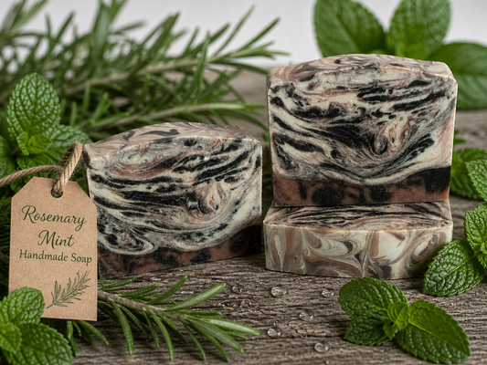 3 Pink, gray and white swirled soaps on a wood surface with mint and rosemary.