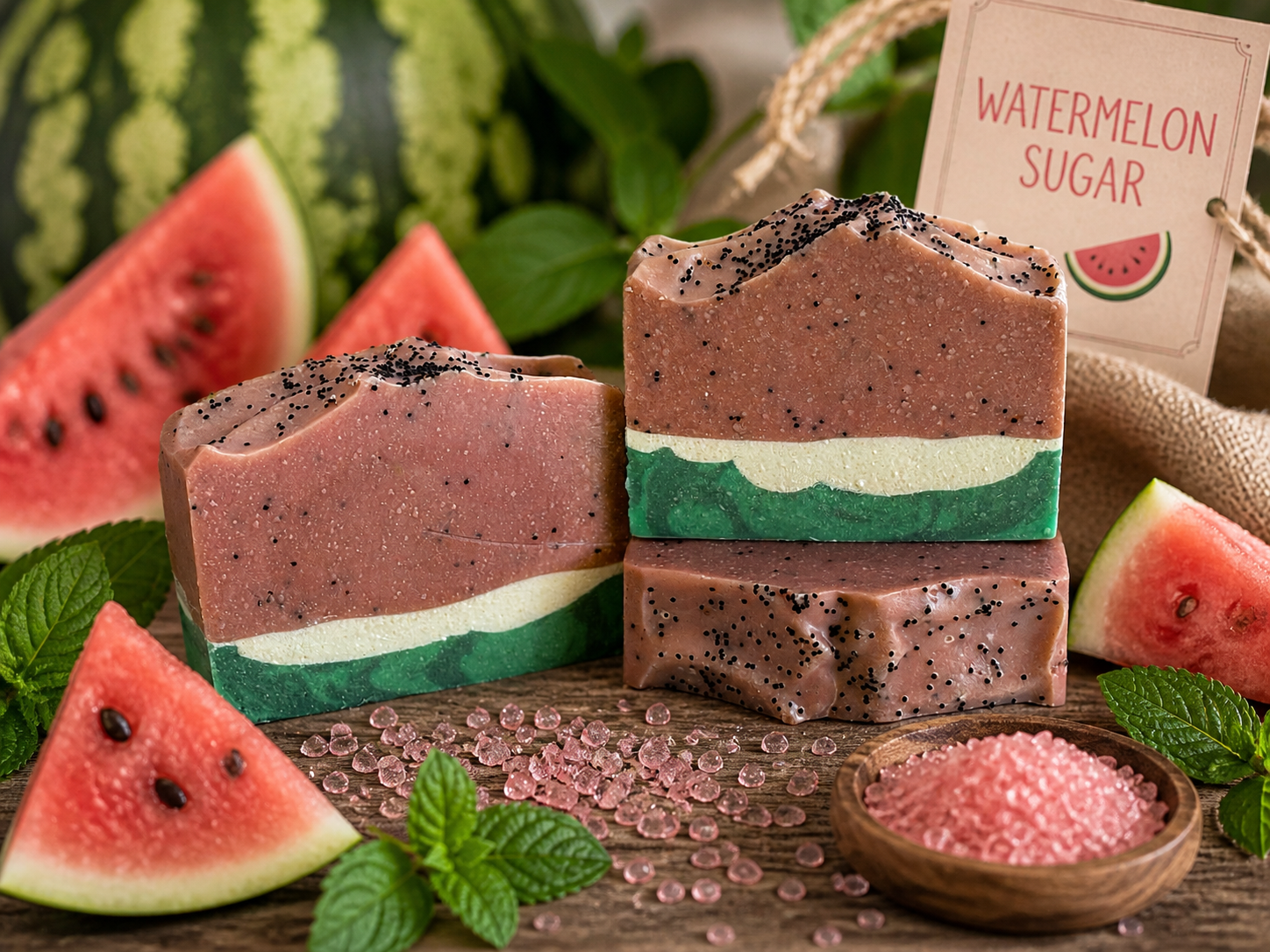 Watermelon-scented soap bars with watermelon slices and a sign indicating 'Watermelon Sugar' on a wooden surface.