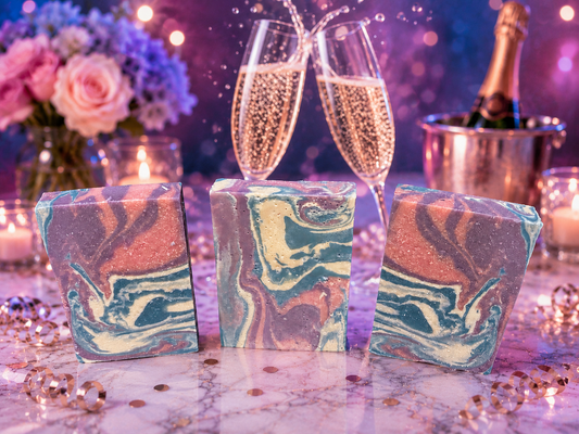 Marbled soap bars with champagne flutes and a bottle of champagne in the background.
