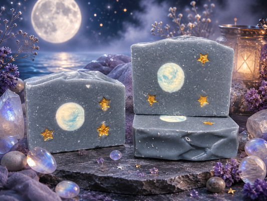 Three star-shaped soap bars with moon and star designs on a mystical background with flowers and lanterns.
