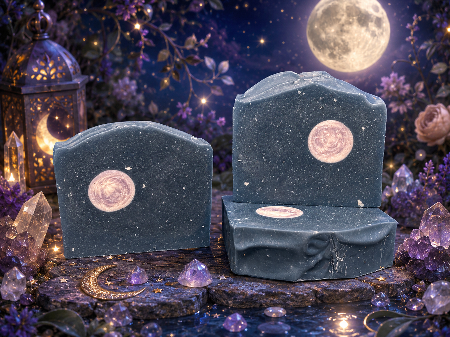Three pieces of dark soap with star patterns on a mystical background with crystals and flowers.