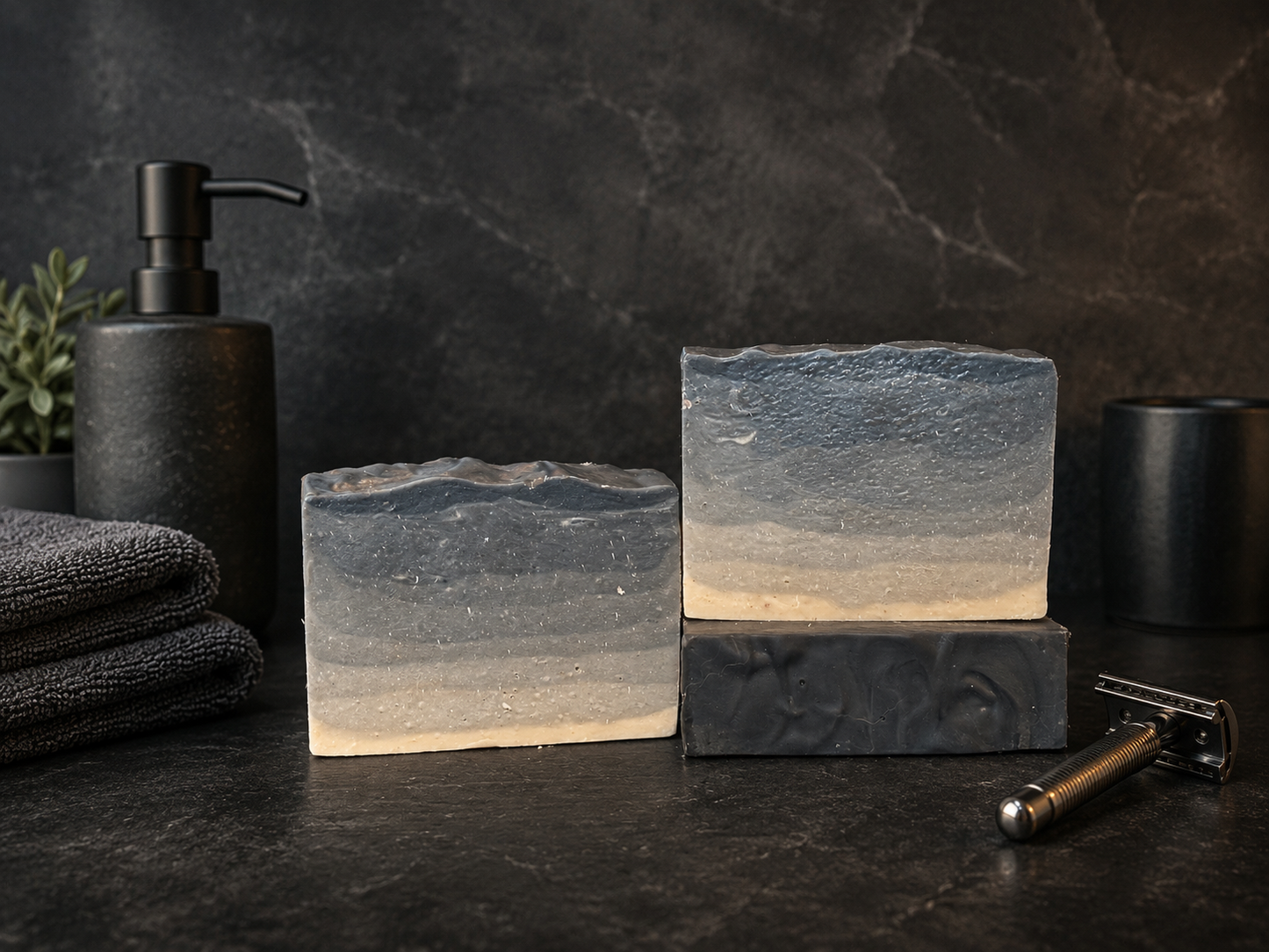 Theee handmade rectangular bars of soap with a blue-gray to cream gradient, styled on a dark stone surface with a black pump bottle, folded towels, a cup, and a vintage-style safety razor.