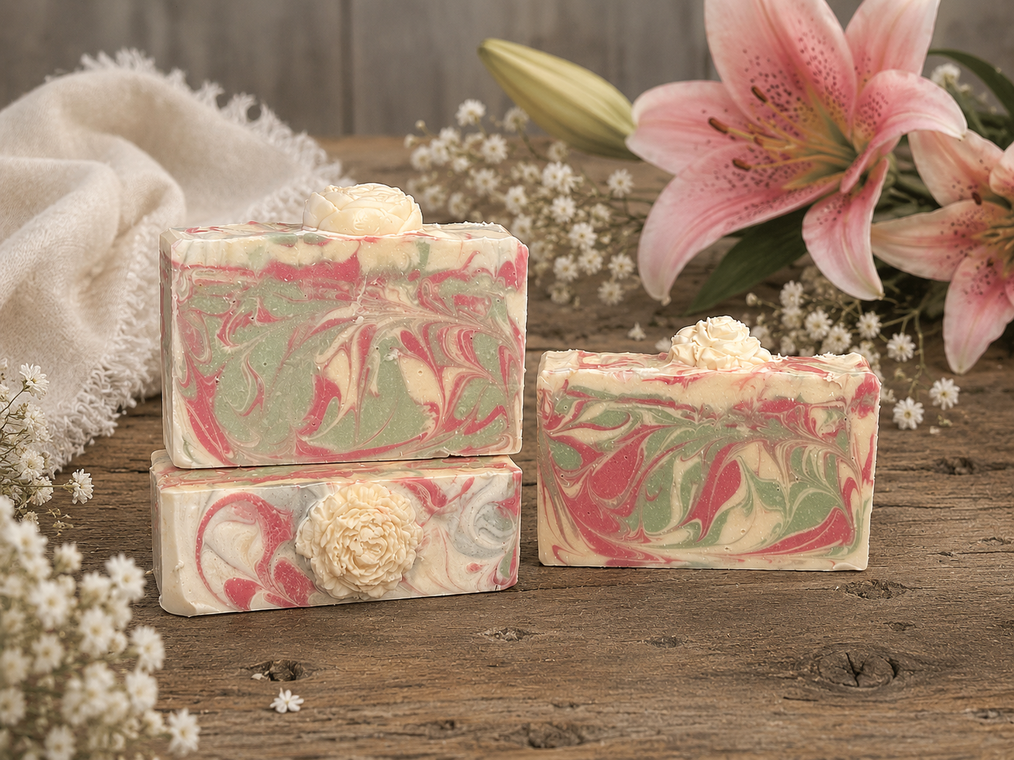 Three decorative handmade soap bars with pink, green, and cream swirls are arranged on a rustic wooden surface with white flowers and pink lilies in the background.
