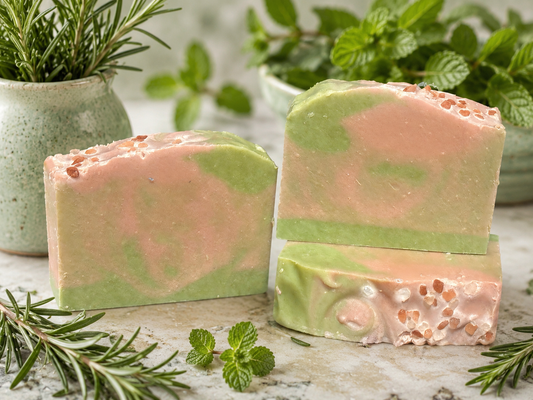 Three marbled pink and green soap bars with embedded sea salt, styled with rosemary and mint leaves on a light stone surface.