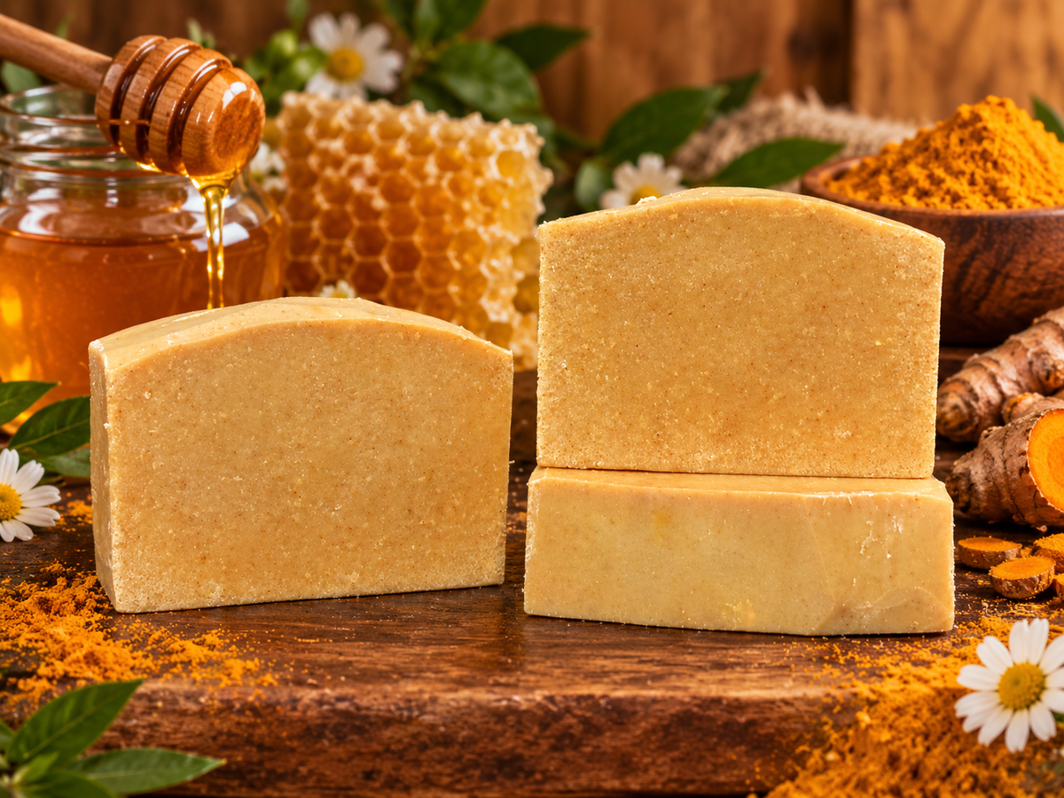 Three bars of handmade honey soap in a warm golden-yellow color, arranged on a rustic wooden surface with honeycomb, honey, turmeric, ginger, and daisies.