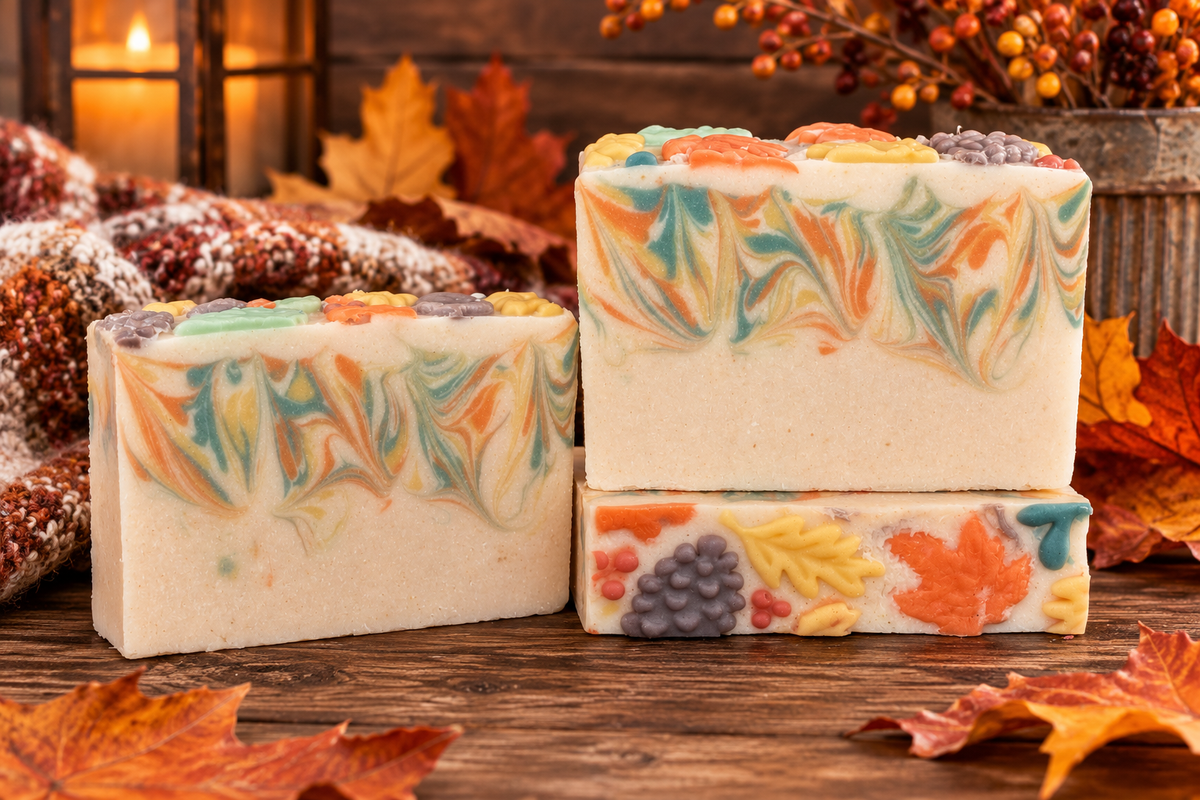 Three decorative handmade soap bars with autumn-themed swirls and fruit/leaf motifs, displayed on a rustic wooden surface with fall leaves, a candle, and berries in the background.