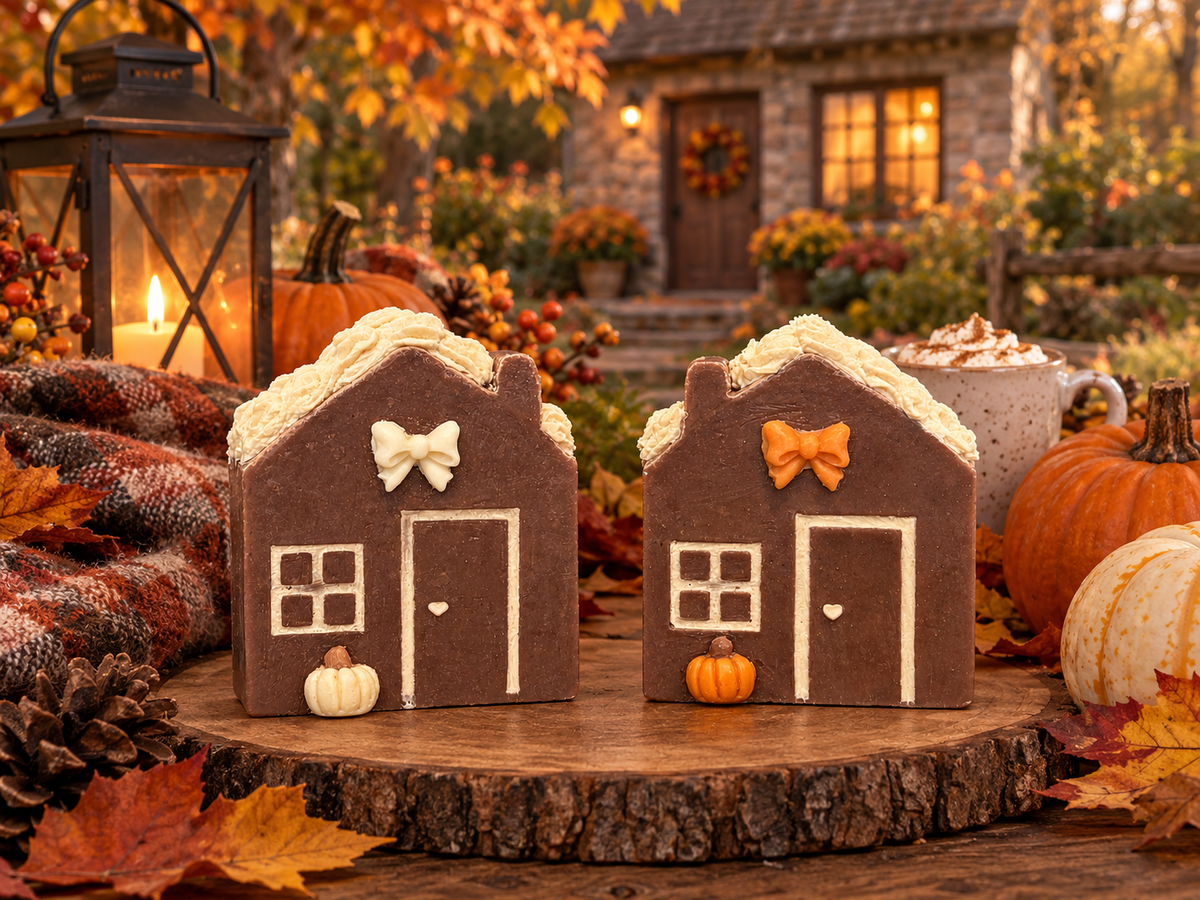 Two house shaped, brown, white and orange soaps with pumpkins and bows on a wood palette with a Fall background.