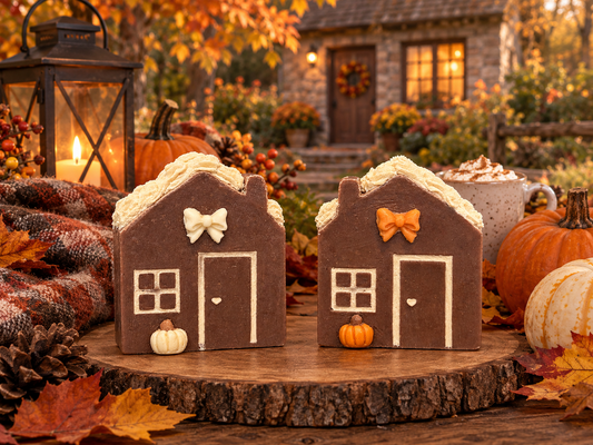 Two house shaped, brown, white and orange soaps with pumpkins and bows on a wood palette with a Fall background.