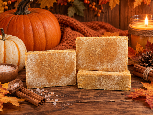 Three rectangular bars of golden-brown sugar scrub arranged on a rustic wooden table, surrounded by fall-themed props including pumpkins, cinnamon sticks, coarse salt, leaves, and a lit candle.