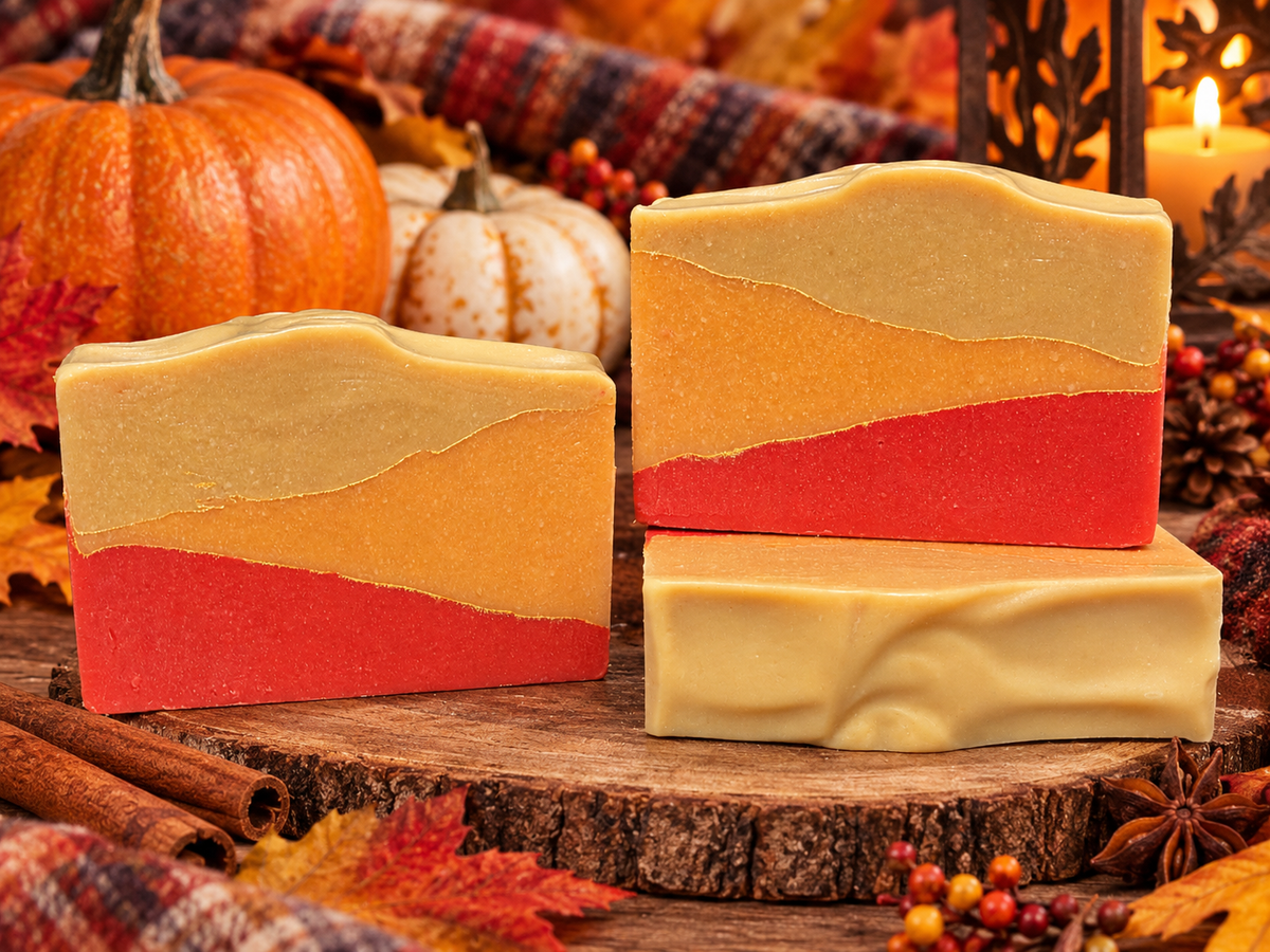 Three handmade layered soap bars with a yellow, orange, and red color scheme, styled on a rustic wood slice with autumn props like pumpkins, cinnamon sticks, and a lit candle.