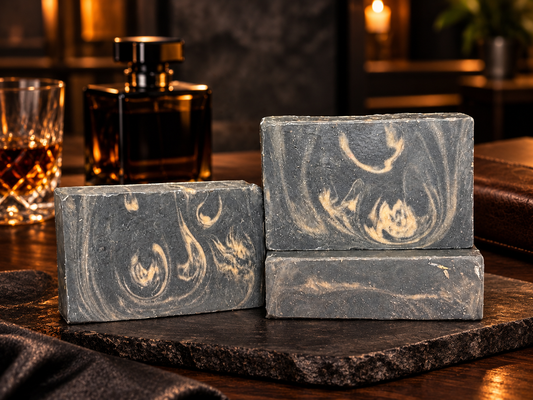 Three rectangular artisan soap bars with dark gray and cream marble swirls, displayed on a dark stone tray on a wooden table with a bottle and glass in the background.