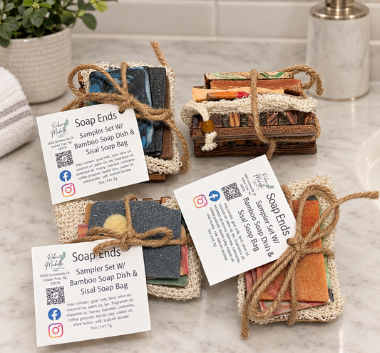Four Soap end bundles with twine on a soap saver bag and bamboo soap dish on a counter